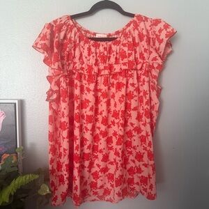 Floral Ruffle Sleeve Top - Pink / Orange